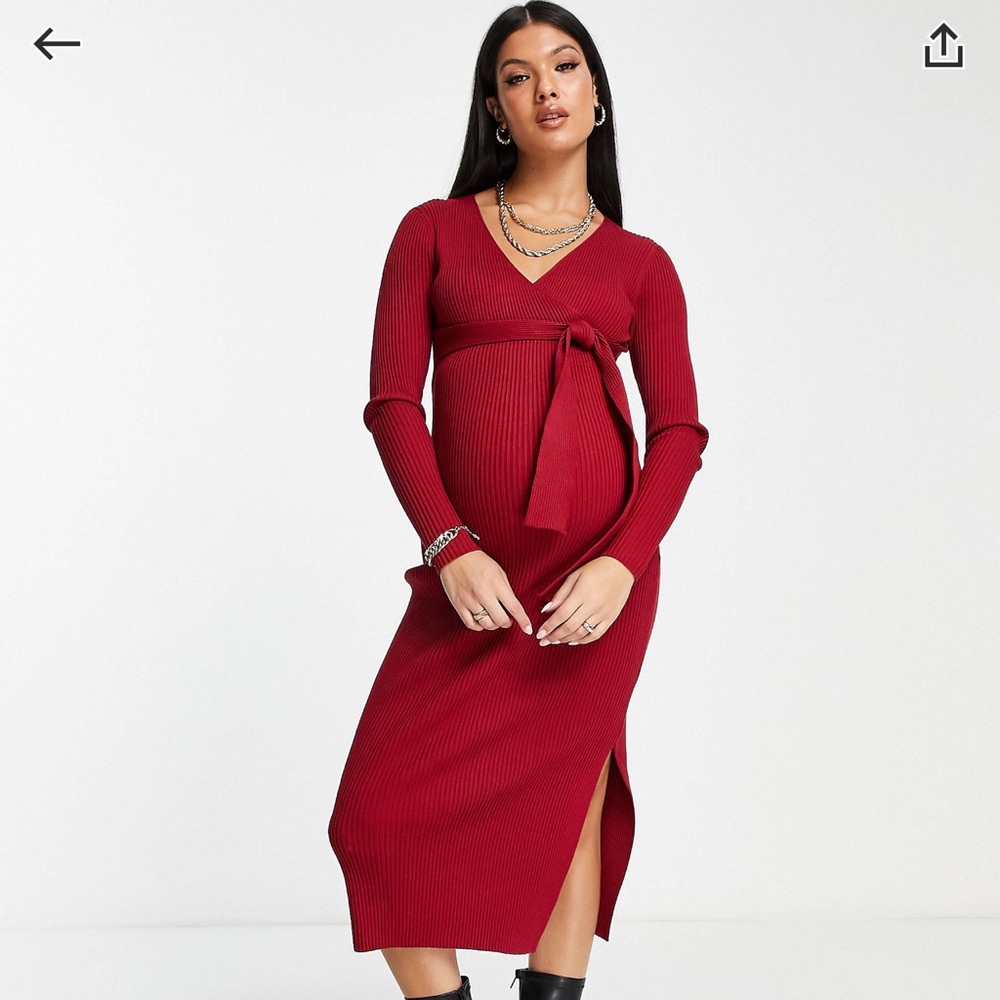 ASOS Design Maternity Knitted dress with wrap front in dark red